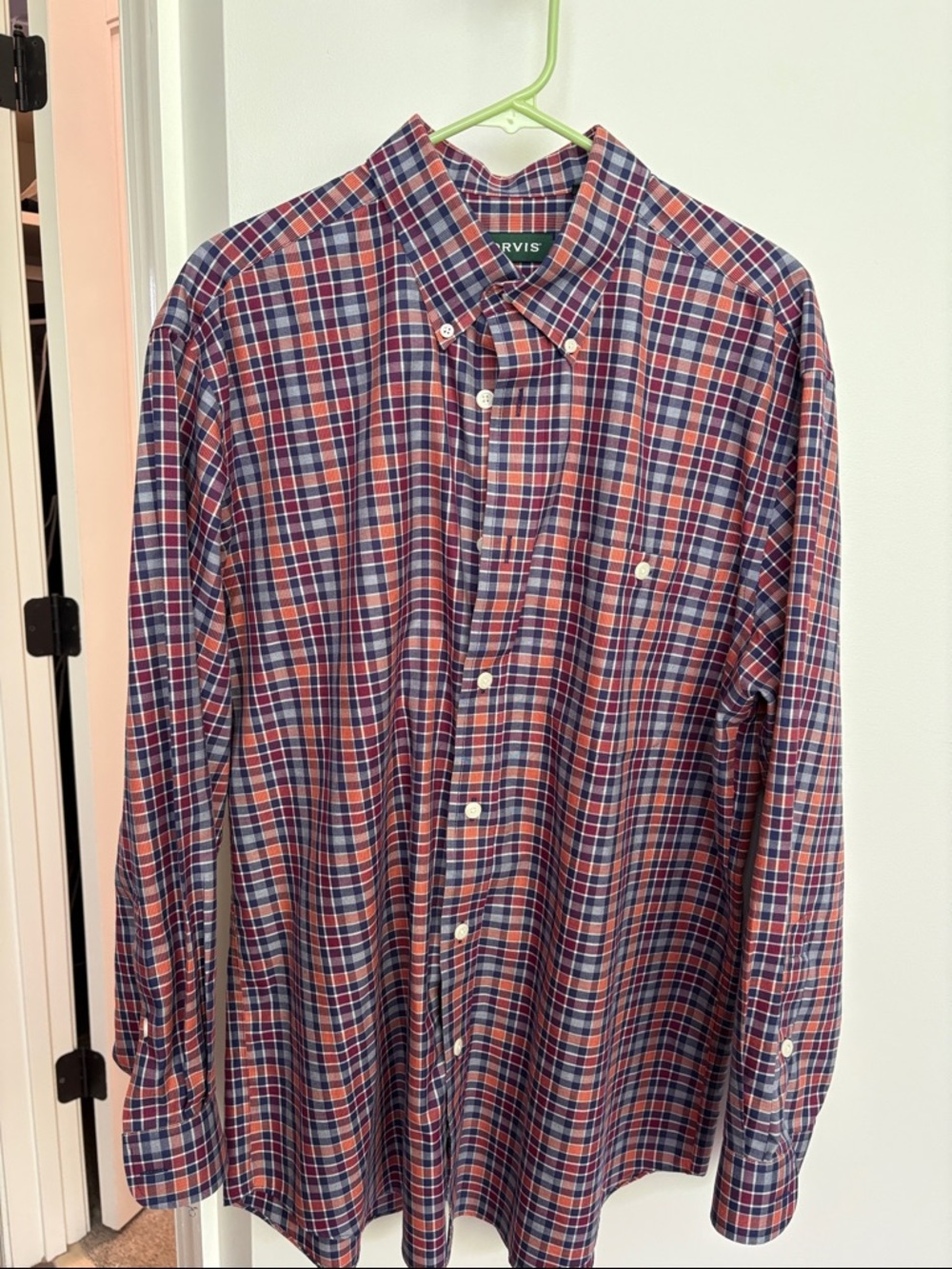 Orvis Men's Red and Navy Plaid Button-Down Shirt
